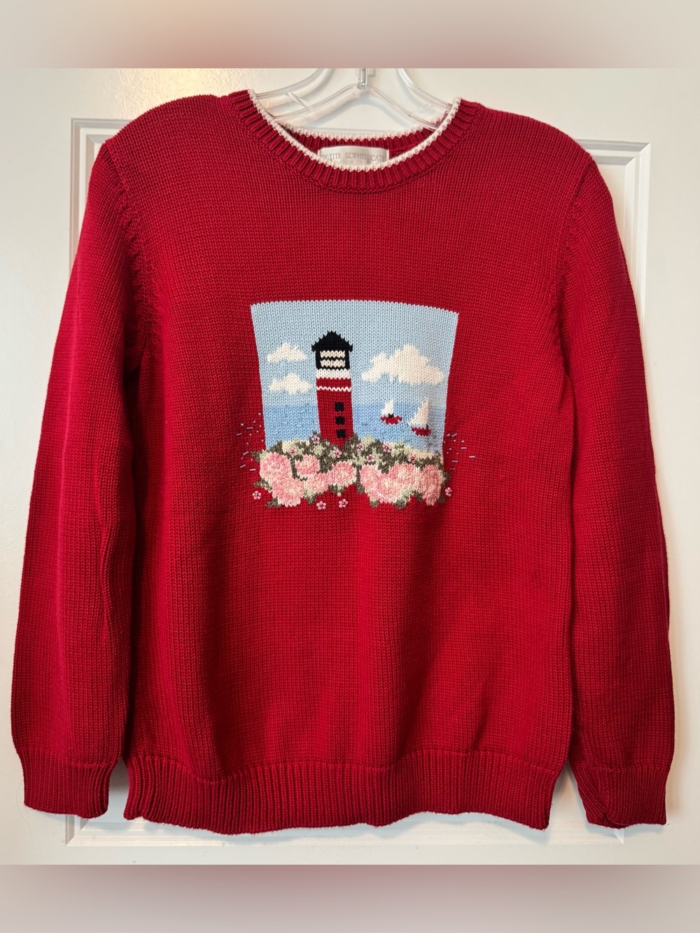 Petite Sophisticate Red Lighthouse Knit Sweater Large Coastal Nautical Cotton